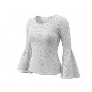 Calvin Klein White Lace Bell Sleeve Blouse Floral Small Boho Dressy Romantic Top